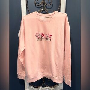 Pink Floral Embroidered Crew Neck Sweater